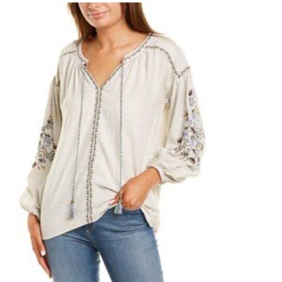 Max Studio Tops - Max Studio Light Gray Embroidered Peasant Boho Blouse